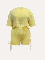 Solid Crew Neck Crop Top & Shorts Set