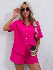 Casual Two-piece Set Button Blouse & Shorts Outfit