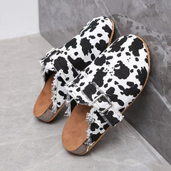 Women's Cow Print Mules Buckle Strap Flat Clogs