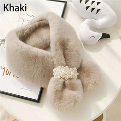 Plush Scarf Rabbit Fur Faux Pearl Winter Warm Cross Scarf