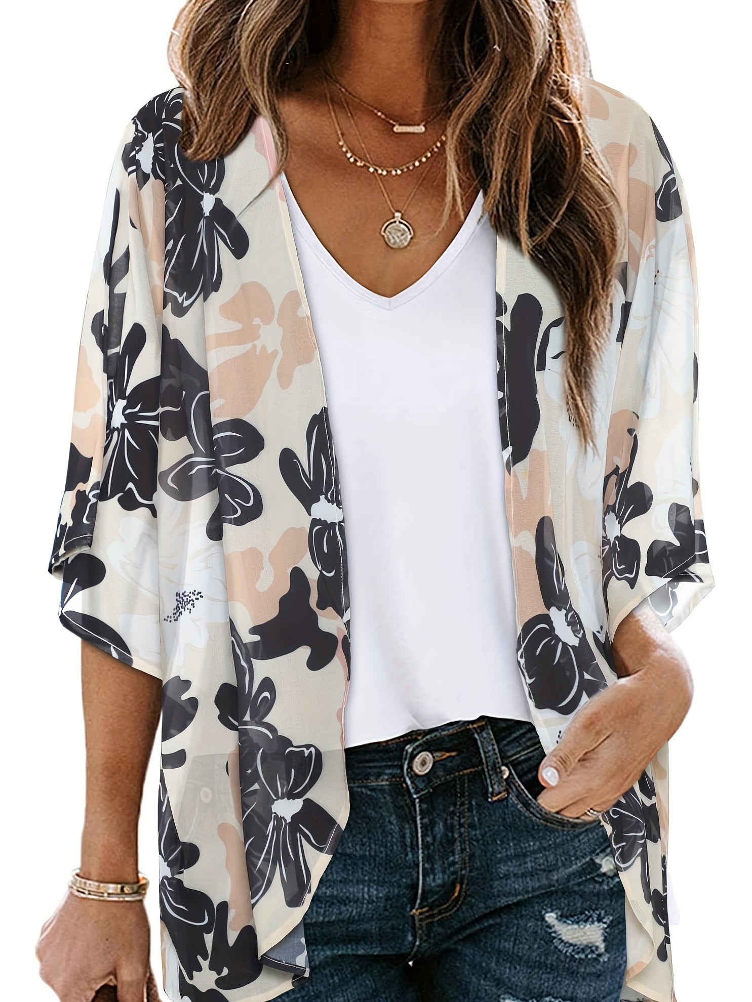  Floral Print Bat Sleeve Cover Up