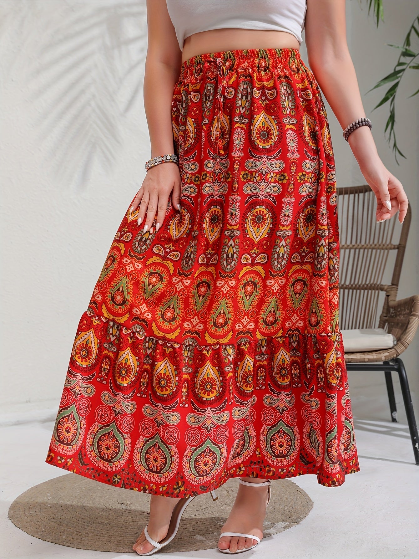  Boho Skirt Womens Paisley Floral Print Elastic High R