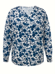  Floral Print Button Up V Neck Blouse