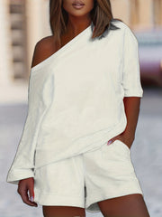 Women's Plus Solid One Shoulder Tee & Shorts Outfit Set