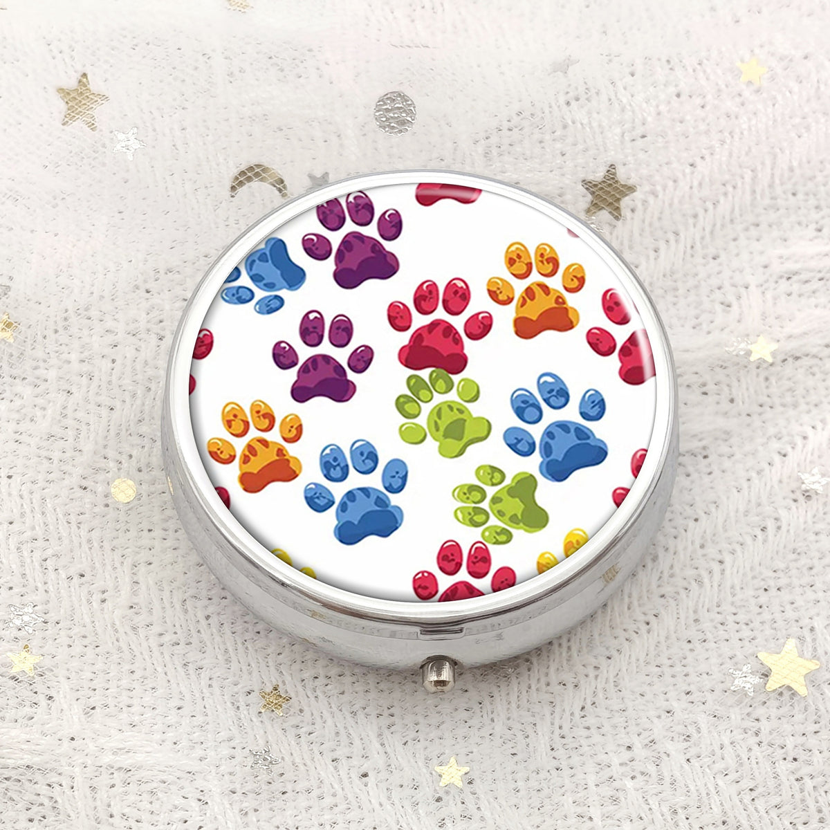 Colorful Dog Paw Print Round Pill Box Medicine Vitamin Organizer