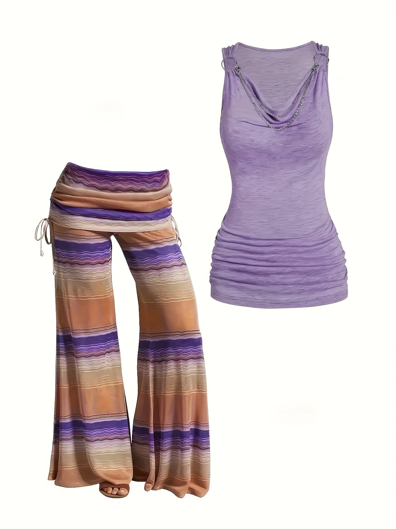  Solid Draped V Neck Tank Top & Colorblock Stripe Pants Outfits