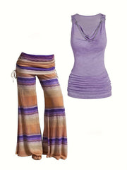  Solid Draped V Neck Tank Top & Colorblock Stripe Pants Outfits