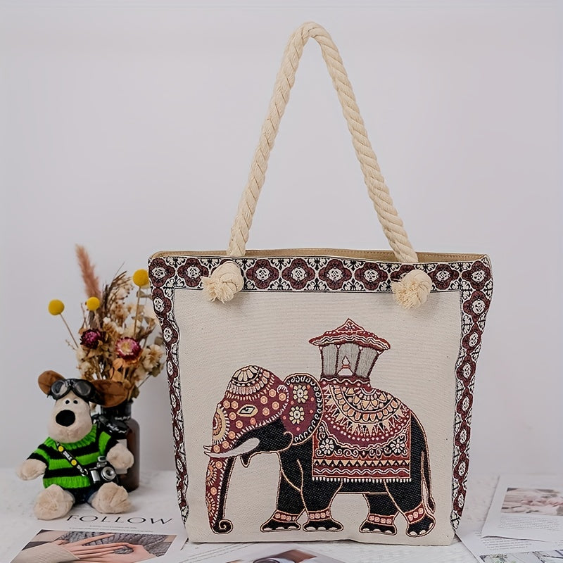 Ethnic Style Elephant Pattern Tote Bag Vintage Large Capacity Beach Bag