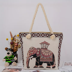 Ethnic Style Elephant Pattern Tote Bag Vintage Large Capacity Beach Bag