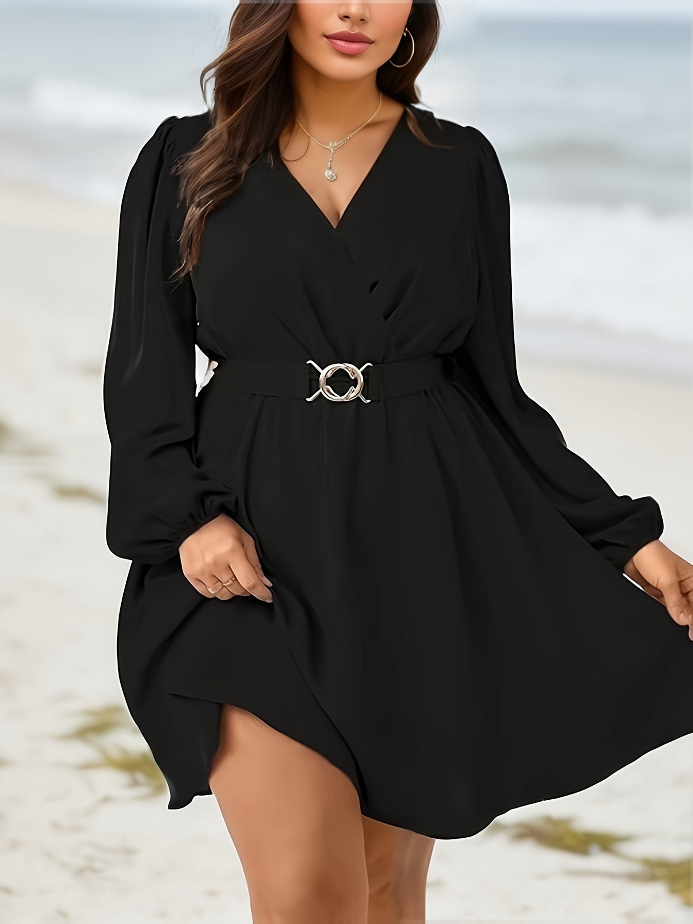  Solid Lantern Sleeve V Neck A line Dress With Belt