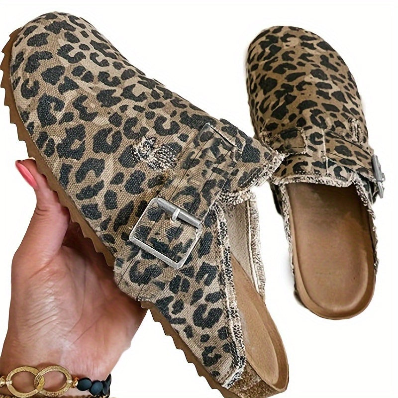 Leopard Print Flat Mules Closed Toe Non slip Shoes