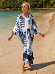  Boho Cover Up Women's Plus Tribal Print Bat Sleeve V Neck Loose