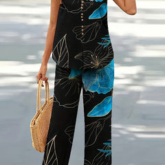 Women's Plus Floral Print V Neck Tank Top & Pants Set