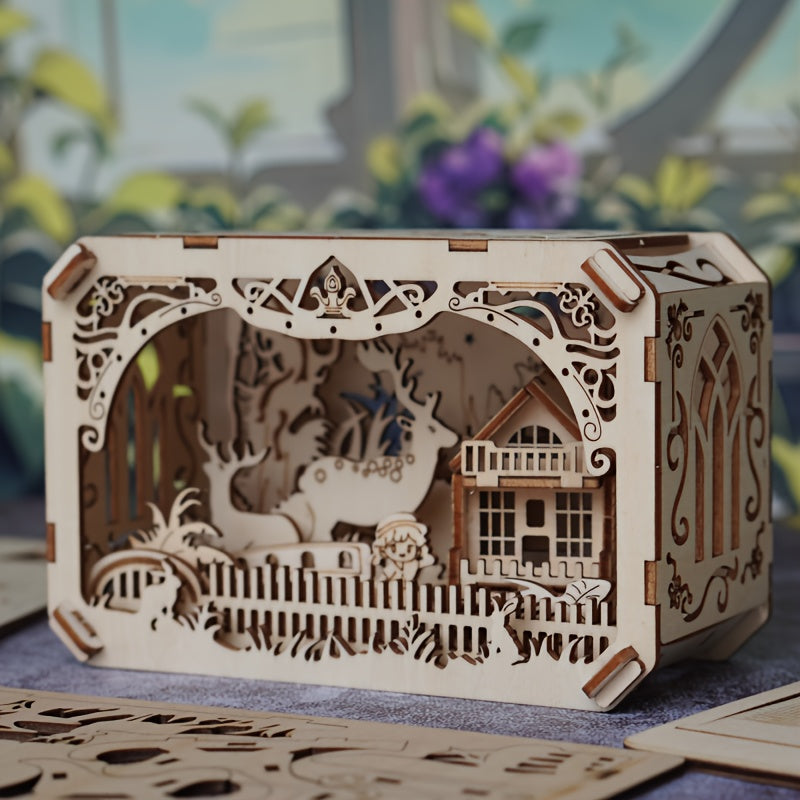 3D Wooden Puzzle DIY Elk Forest Cabin Scene Christmas Gift Desktop Decoration