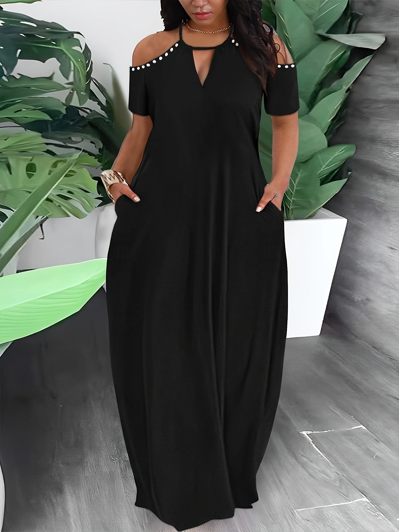  Sexy Dress Women's Plus Solid Beaded Decor Cold Shoulder Cut Out Front