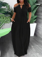  Sexy Dress Women's Plus Solid Beaded Decor Cold Shoulder Cut Out Front