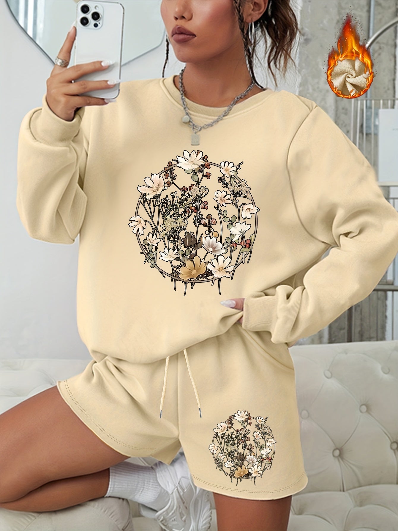  Floral Print Sweatshirt & Shorts 2 Piece Set