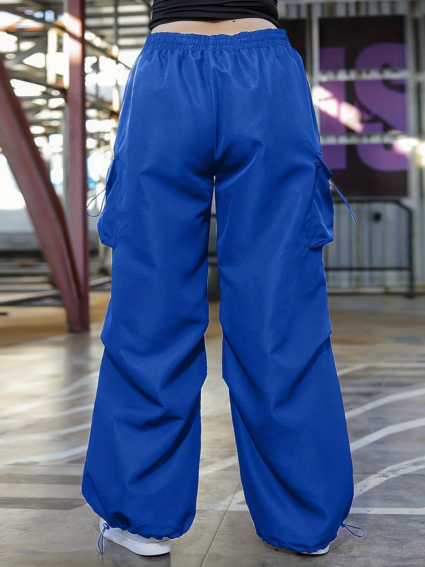  Solid Elastic Drawstring High Rise Cargo Pants