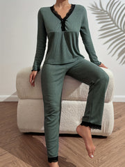 Lace Trim Waffle Pajama Set Long Sleeve V Neck Top & Elastic Waistband Pants