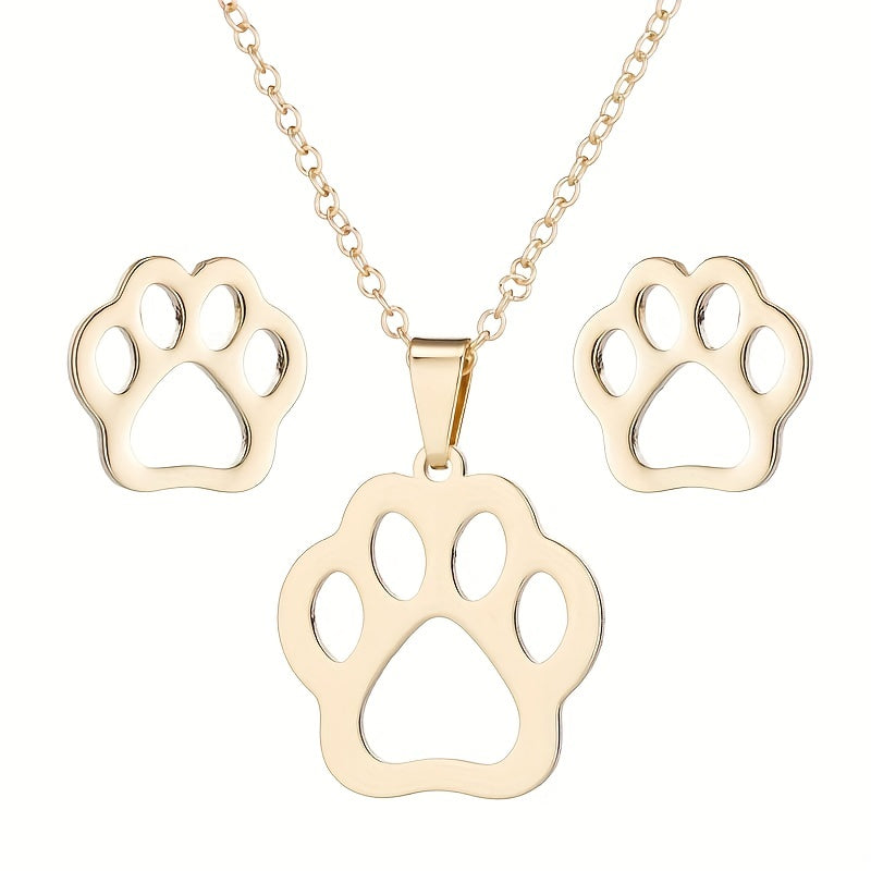 Stainless Steel Origami Cat Necklace and Earrings Set - Animal Pet Jewelry