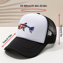 Fish Bone Print Trucker Hat Unisex Hip Hop Breathable Mesh Baseball Cap
