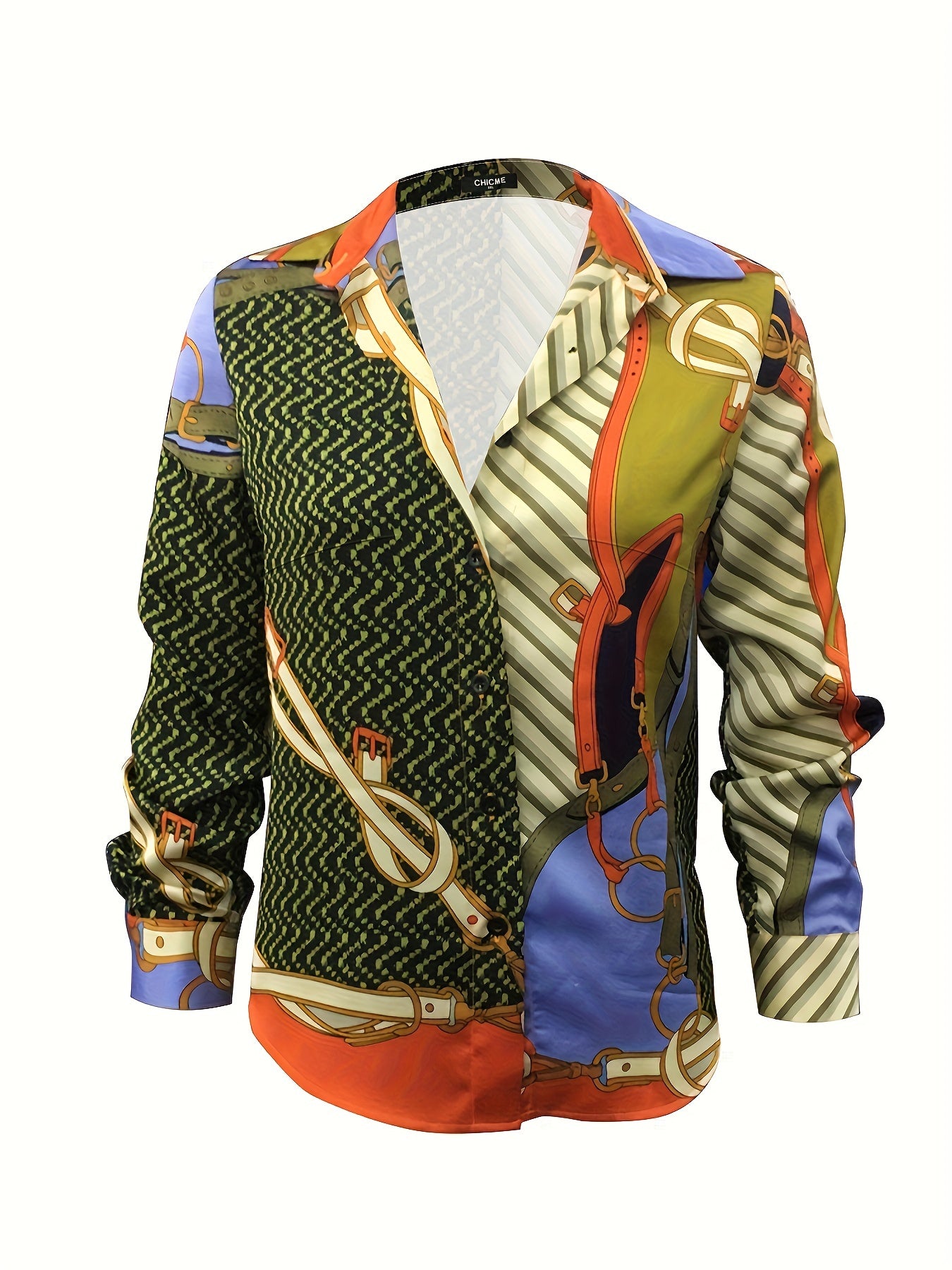  Colorblock Chain Print Long Sleeve Button Up Shirt