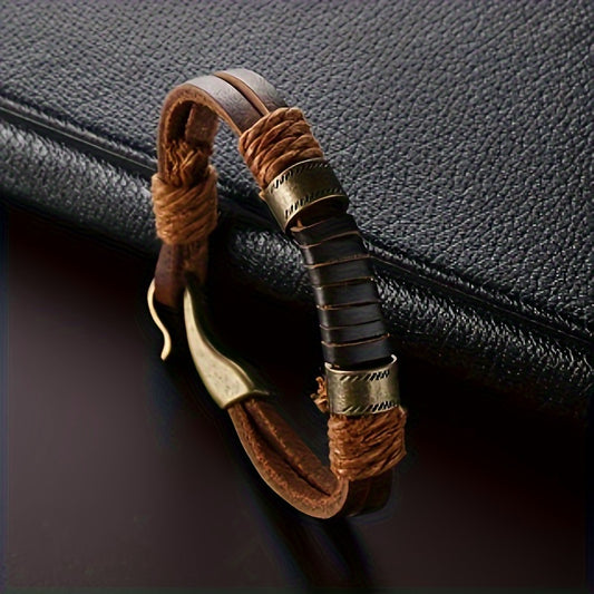 Vintage Style Brown Faux Leather Bracelet with Stone Weave