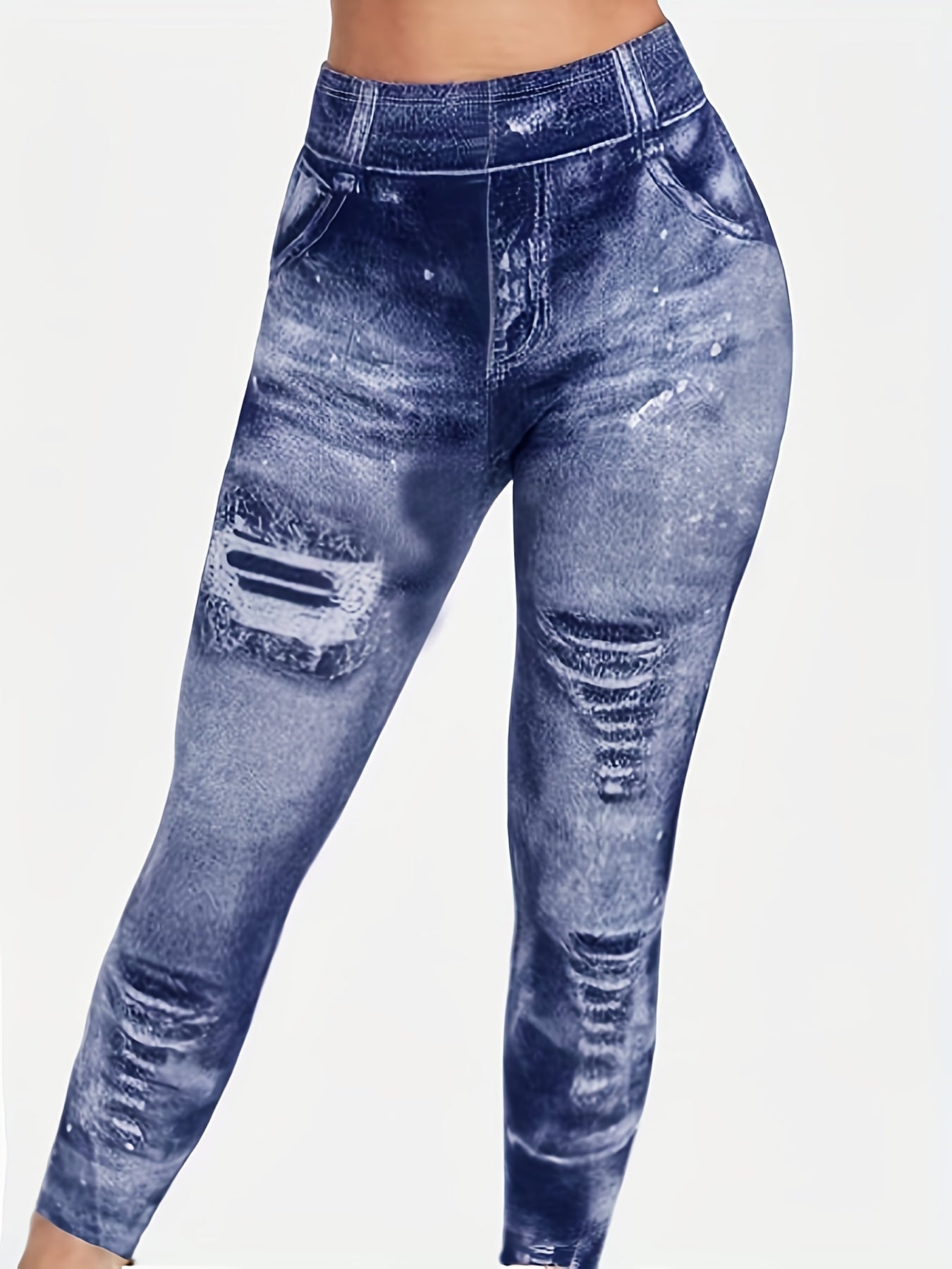  Denim Print Elastic High Rise Crop Leggings