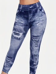  Denim Print Elastic High Rise Crop Leggings