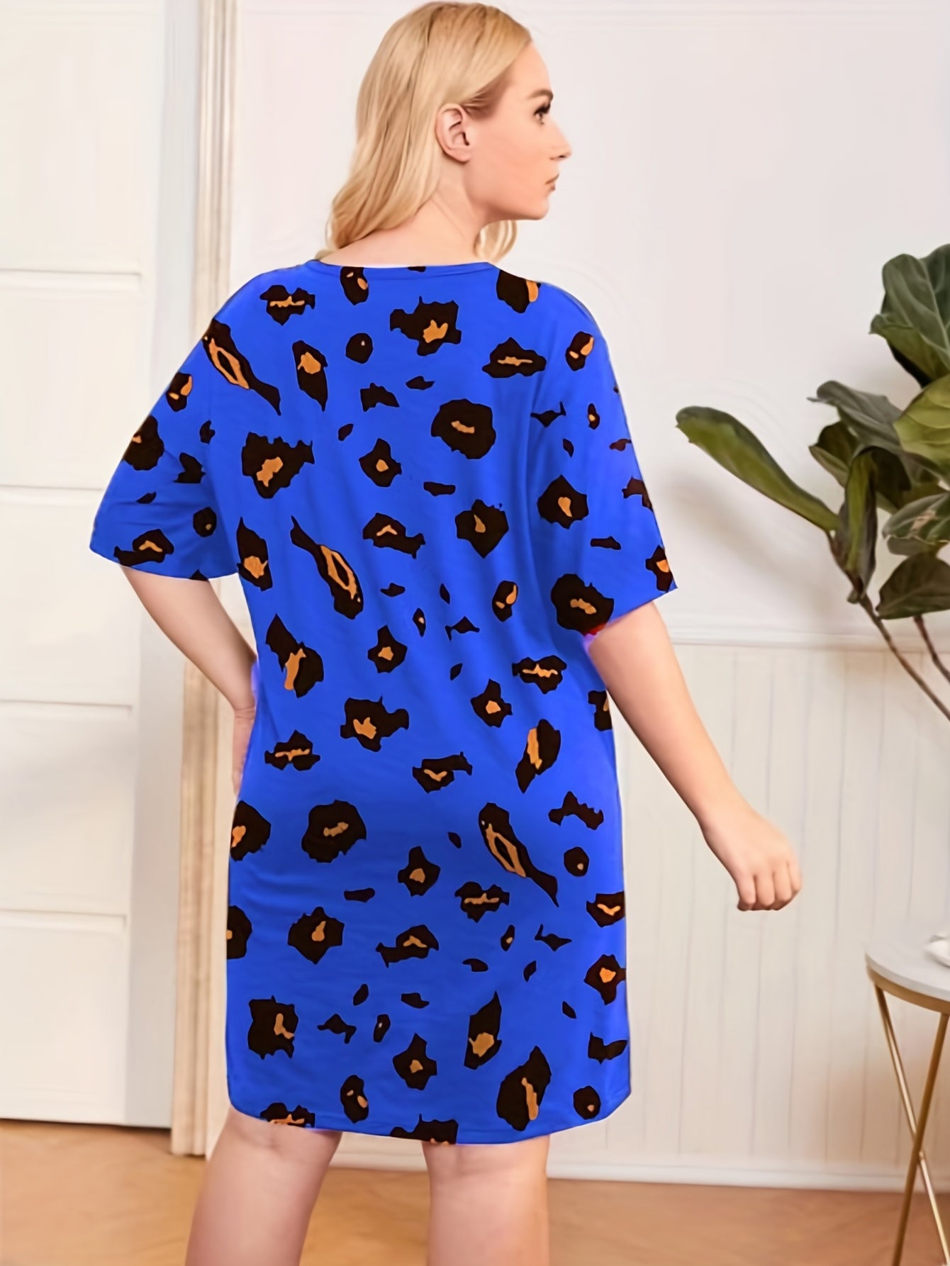  Leopard Print Nightdress Short Sleeve Round Neck S