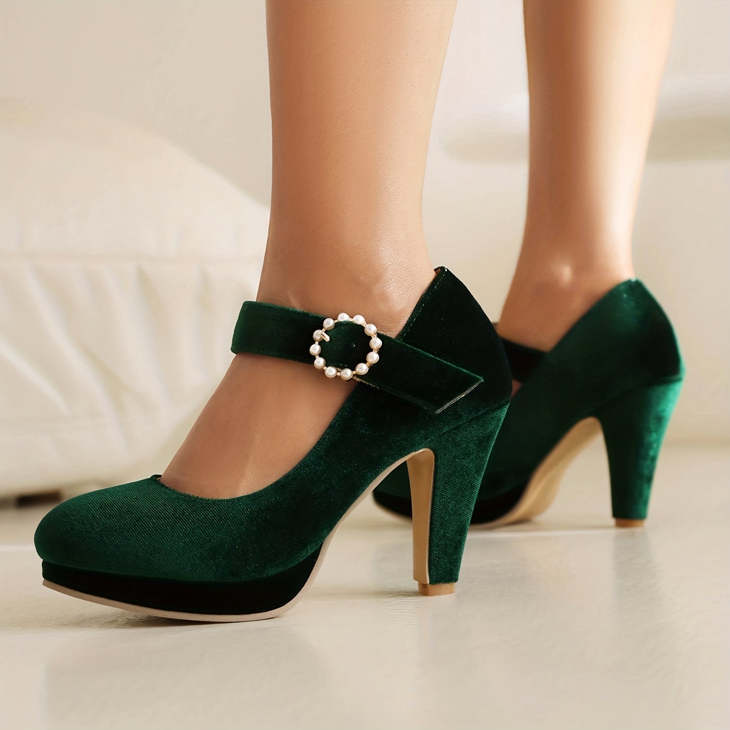 Faux Pearl Block Heels Ankle Strap Pumps Oktoberfest Dress Shoes