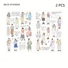 2 Sheets PET Waterproof Stickers Girl Dressing DIY Notebook Material Stickers