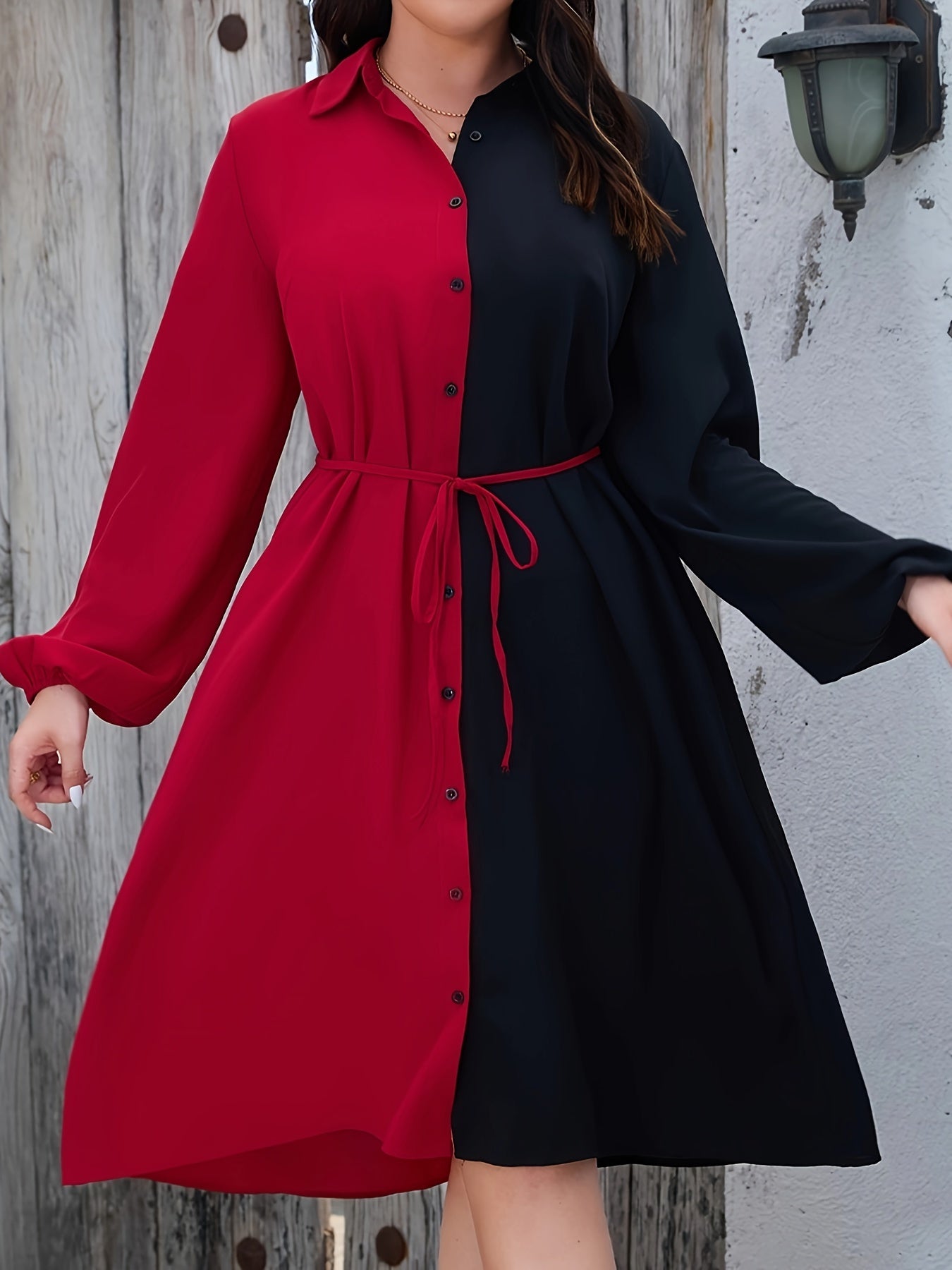  Colorblock Lantern Sleeve Shirt Dress With Belt