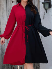  Colorblock Lantern Sleeve Shirt Dress With Belt