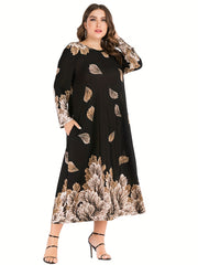 Leaf Print Maxi Dress Long Sleeve Round Neck Loose Fit