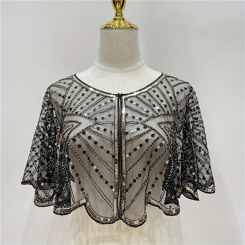 Sequin Embroidery Lace Shawl Sparkly Cape Breathable Mesh Short Cardigan