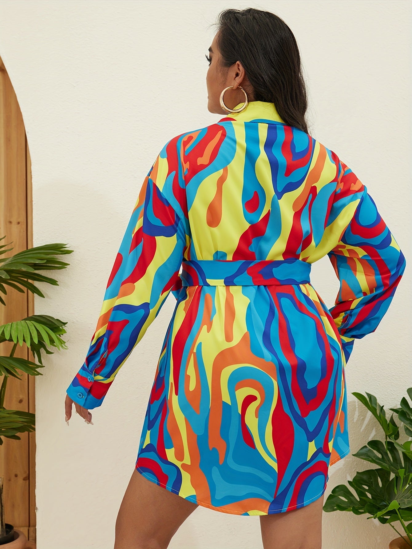 Women's Plus Print Long Sleeve Shirt Dress With Belt