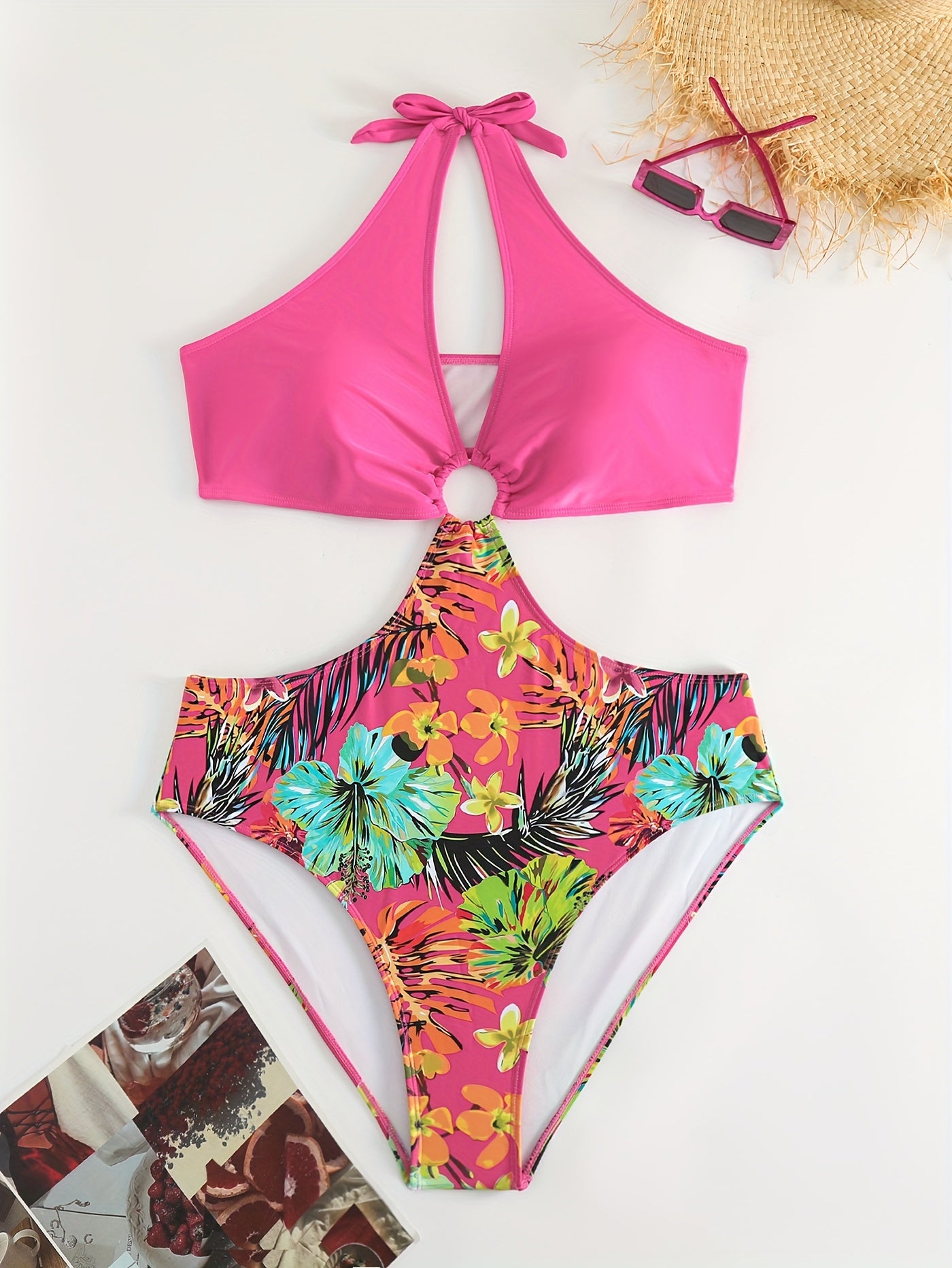  Tropical Print Cut Out Halter One Piece Swimsuit