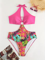  Tropical Print Cut Out Halter One Piece Swimsuit