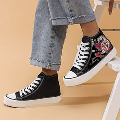Women's High Top Canvas Walking Shoes Floral Pattern Lace Up