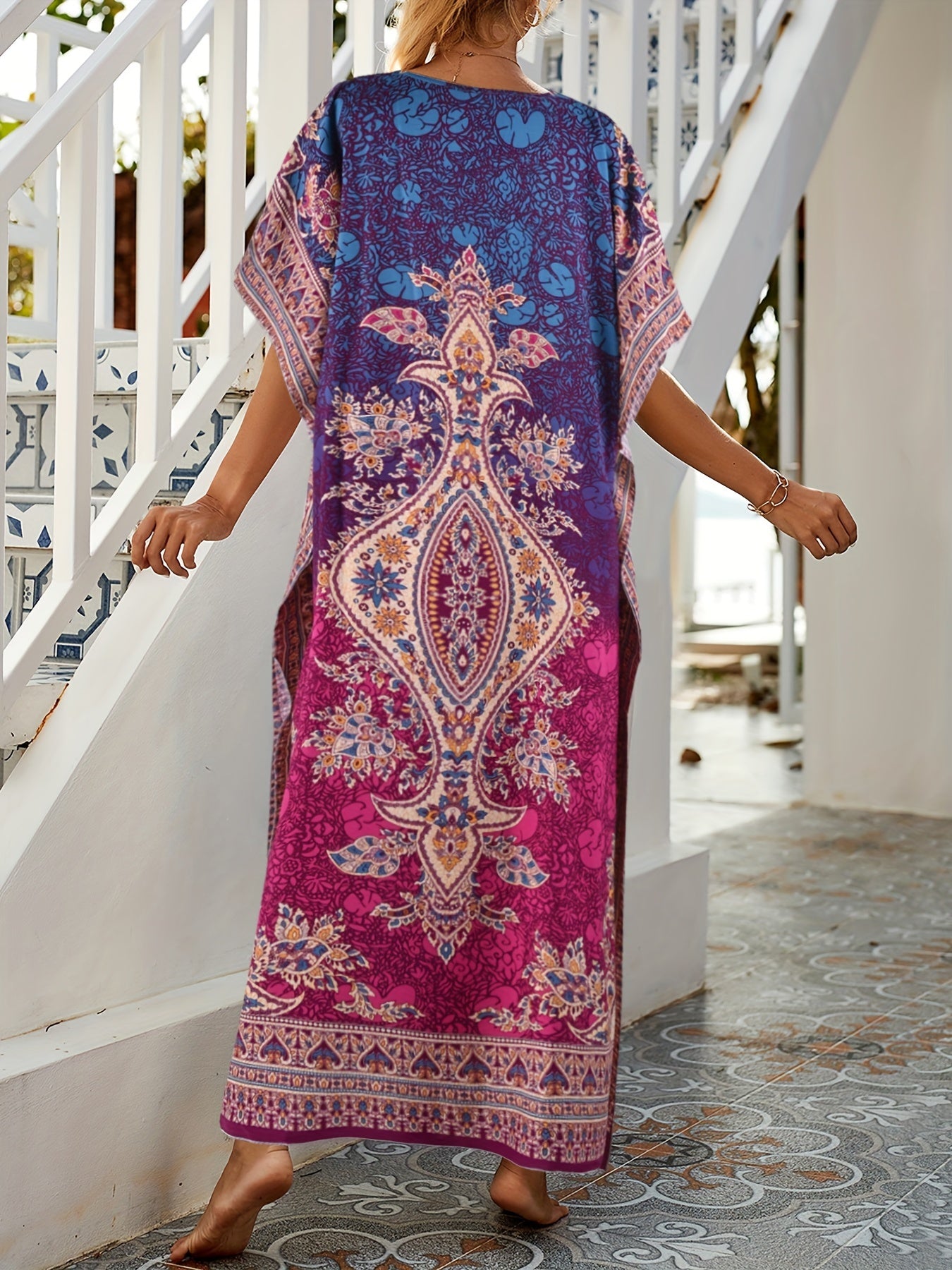  Boho Kaftan Dress Women's Tribal Print V Neck Maxi Beachwear