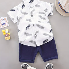 2pcs Baby Boys Feather Print Shirt & Shorts Set Cotton Casual Clothes