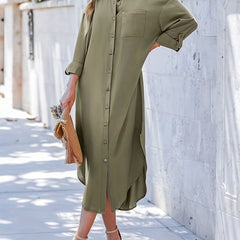  Solid Button Up Sleeve Shirt Dress