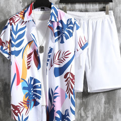 Men's Leaf Print 2Pcs Outfits Camp Collar Hawaiian Shirt & Drawstring Shorts Set