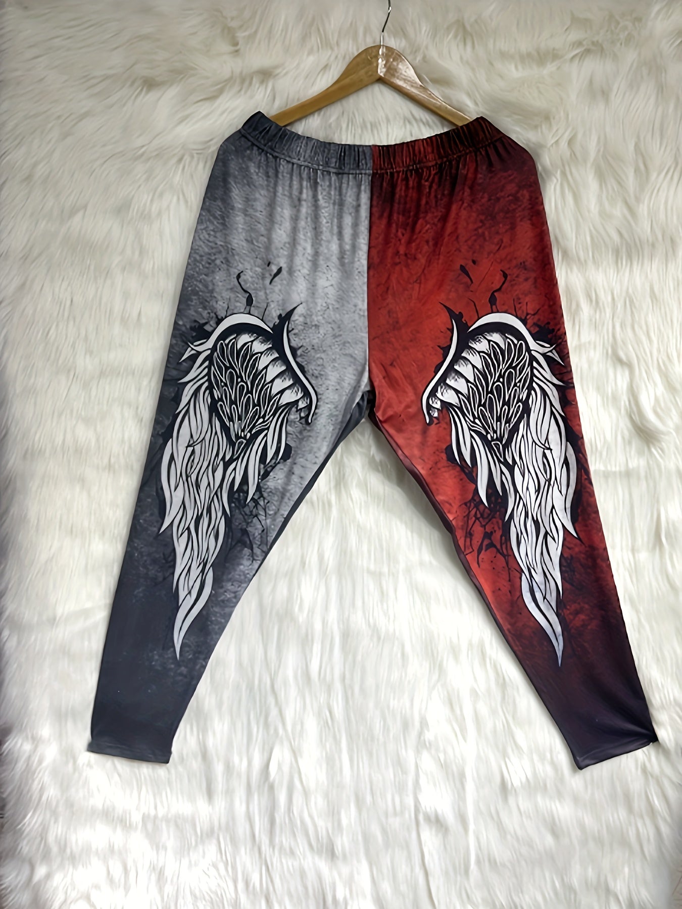  Goth Pants Women's Plus Colorblock Wing Print Elastic High Rise