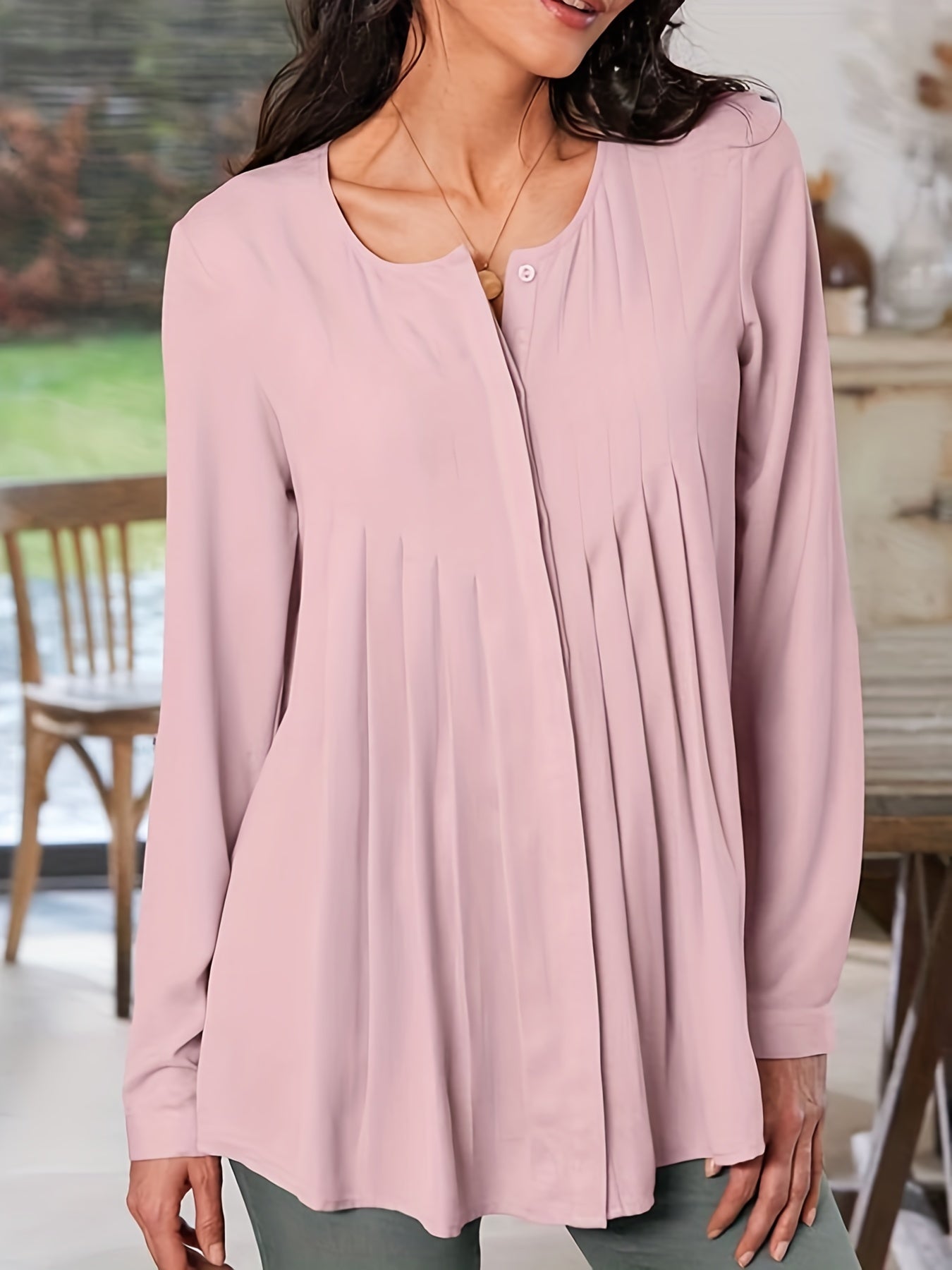  Women's Solid Detail Long Sleeve Tunic Top