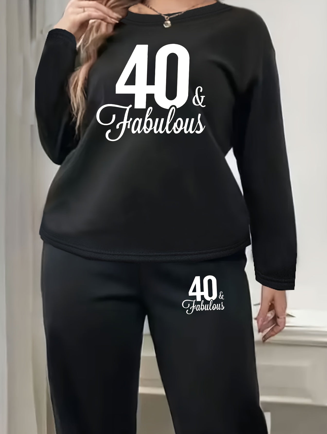  Letter Print Long Sleeve Two Piece Set