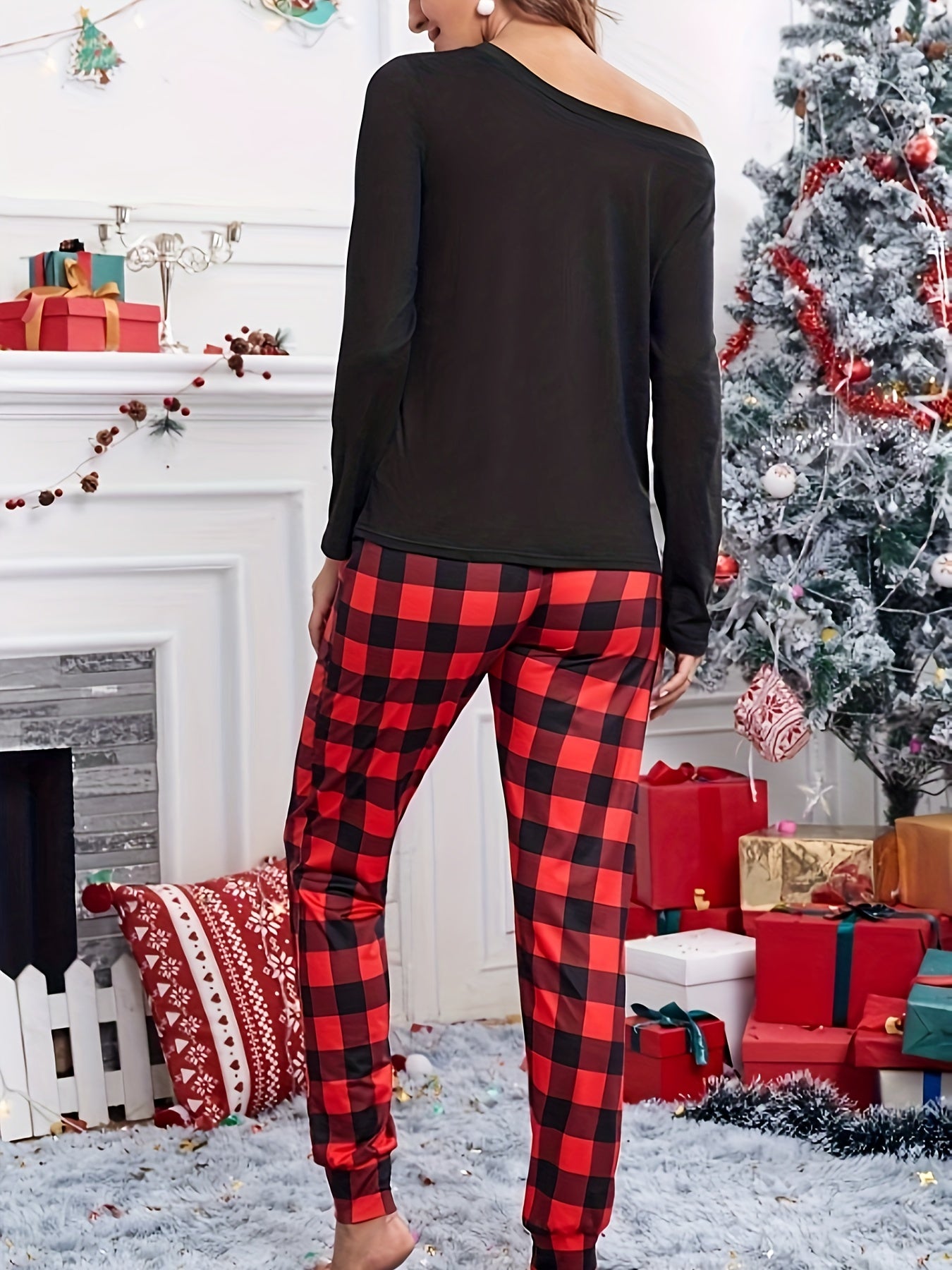  Christmas Lounge Set Women's Plus Letter Print One Shoulder Top Plaid