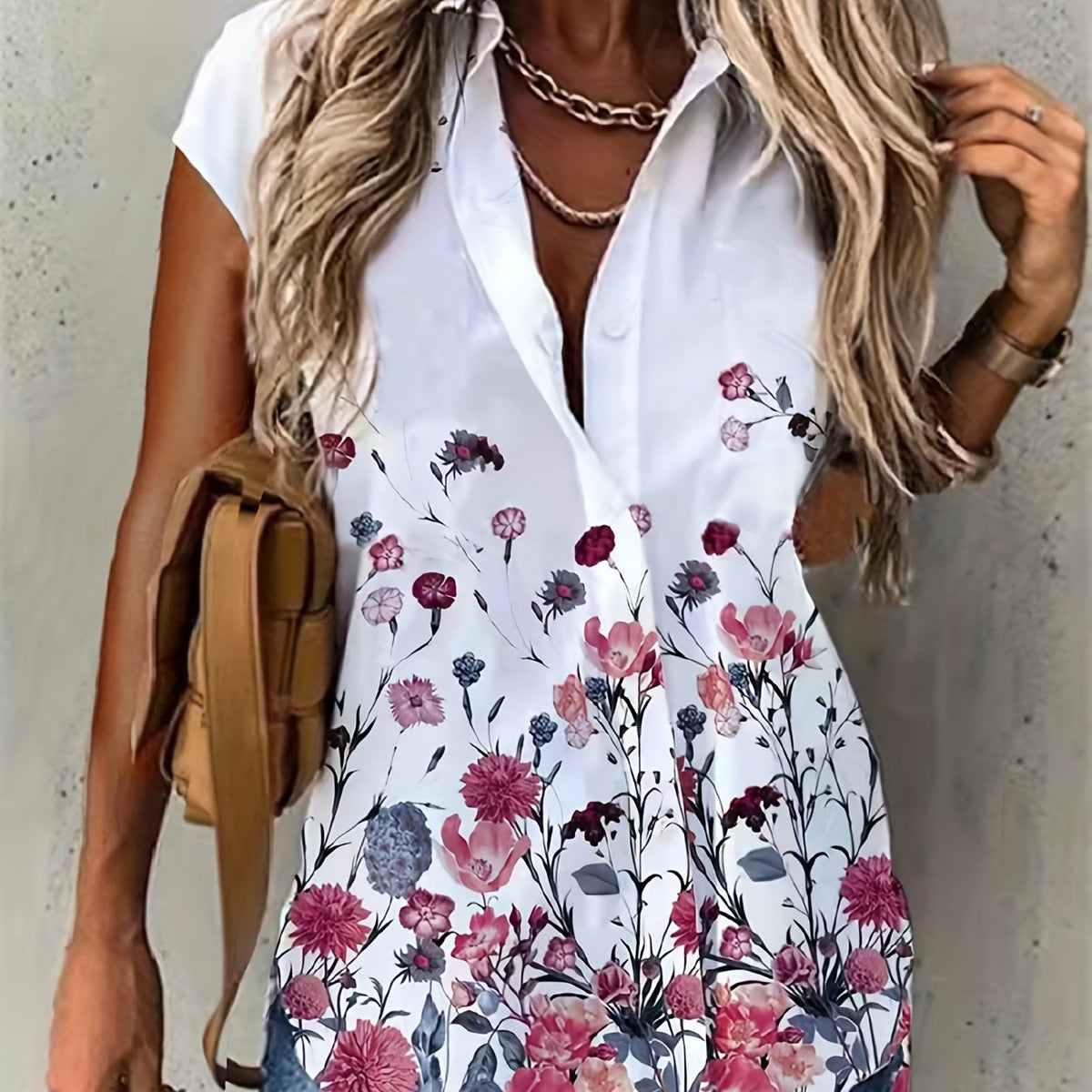  Floral Print Polo Neck Button Up Blouse