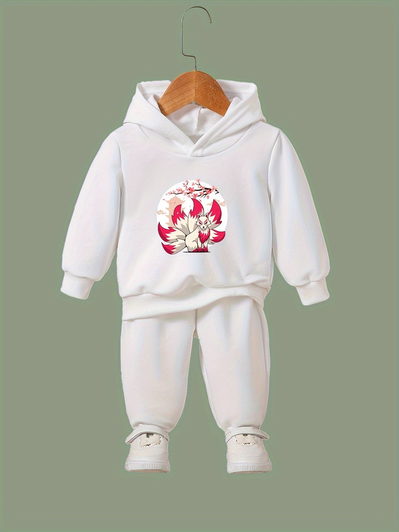 Girls 2pc Fox Pattern Hooded Sweatshirt Solid Sweatpants Set